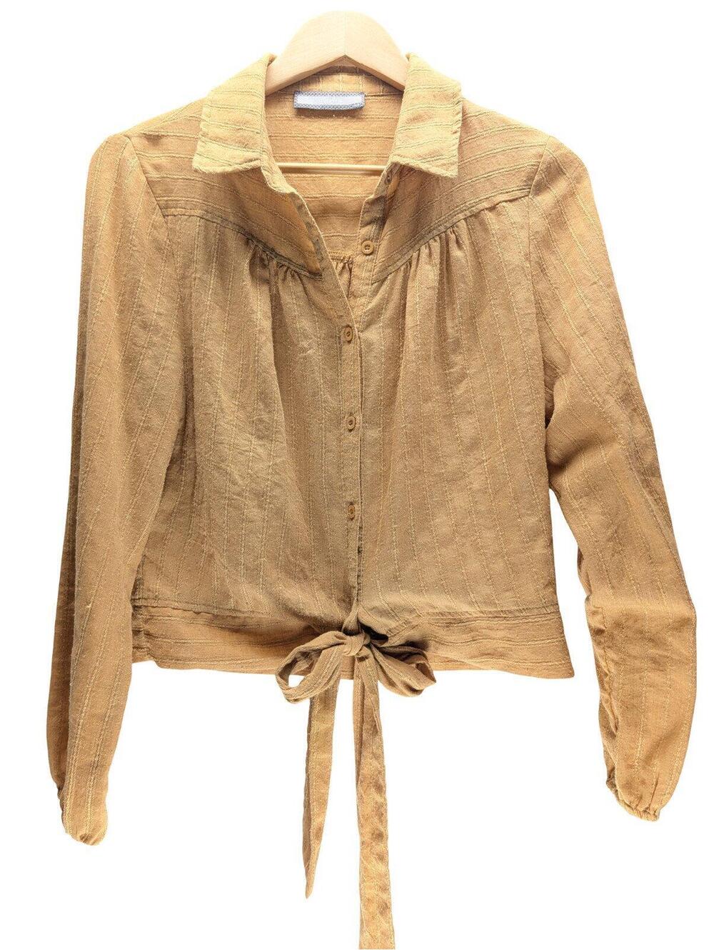 Addie Blouse Women Small (S) Tie Front Long Sleeve Mustard